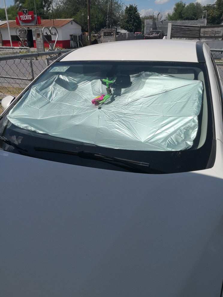 Parasole argentato installato sul parabrezza di un’auto bianca